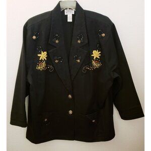 Lacy Afternoon Vintage Embelished Black Cotton Button Front Blazer Pockets 2X EU